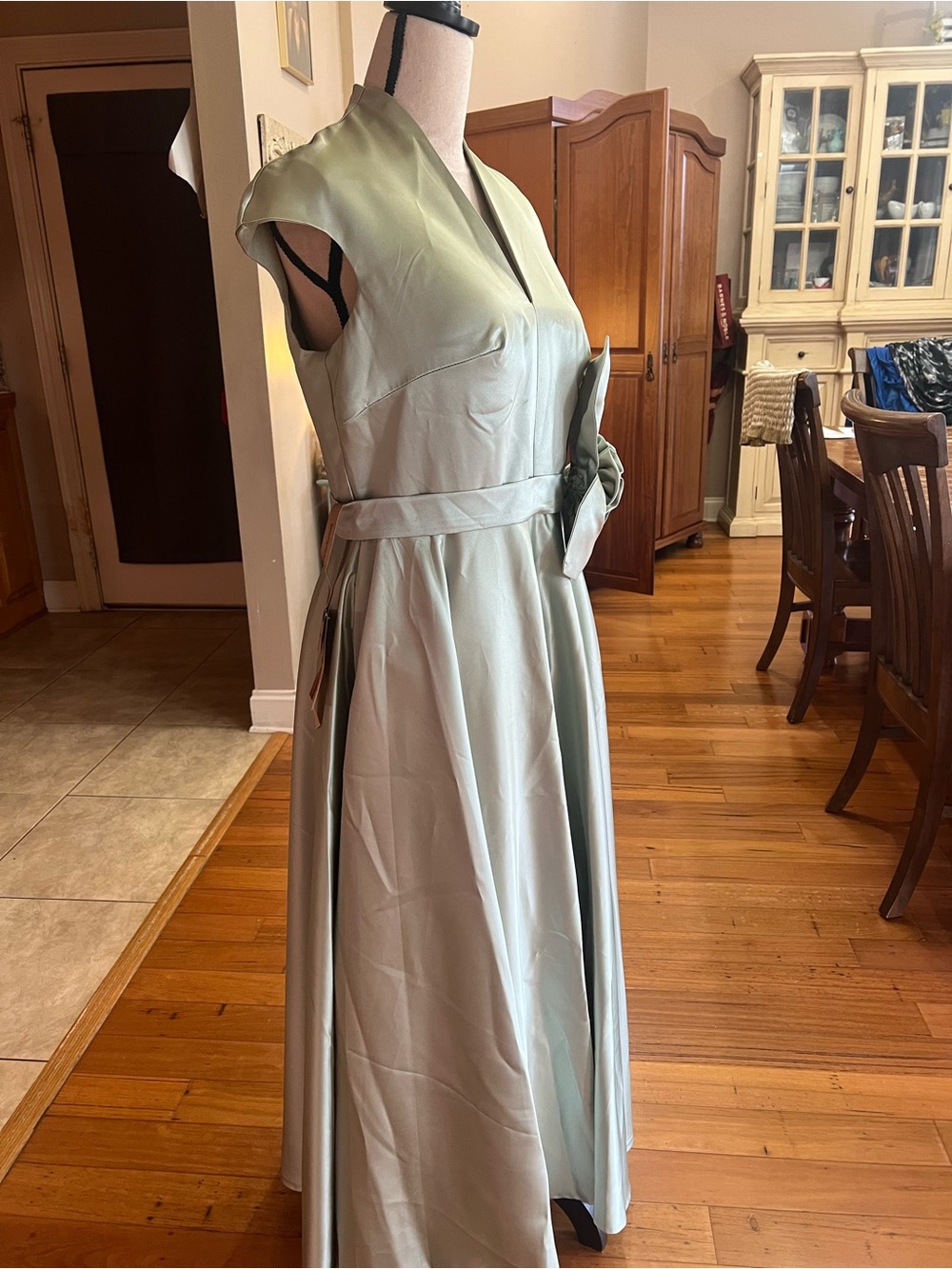 Sage Green Midi Dress with Rose Waist Detail - Picture 6 of 14